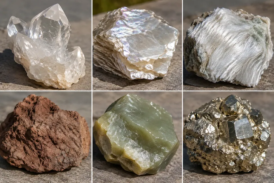 Seis amostras minerais contrastam cristais vítreos, lâminas perláceas, fibras sedosas, uma superfície marrom terrosa, um bloco verde ceroso e cubos metálicos amarelados.
