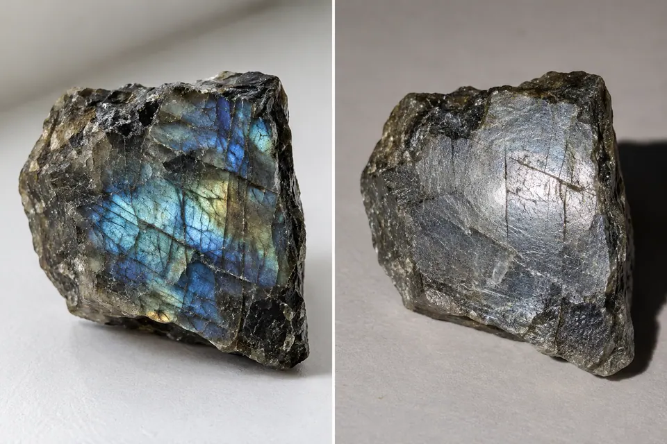 Dois ângulos de uma amostra mineral escura comparam reflexos vívidos azul-esverdeados com uma superfície cinza e reflexiva.
