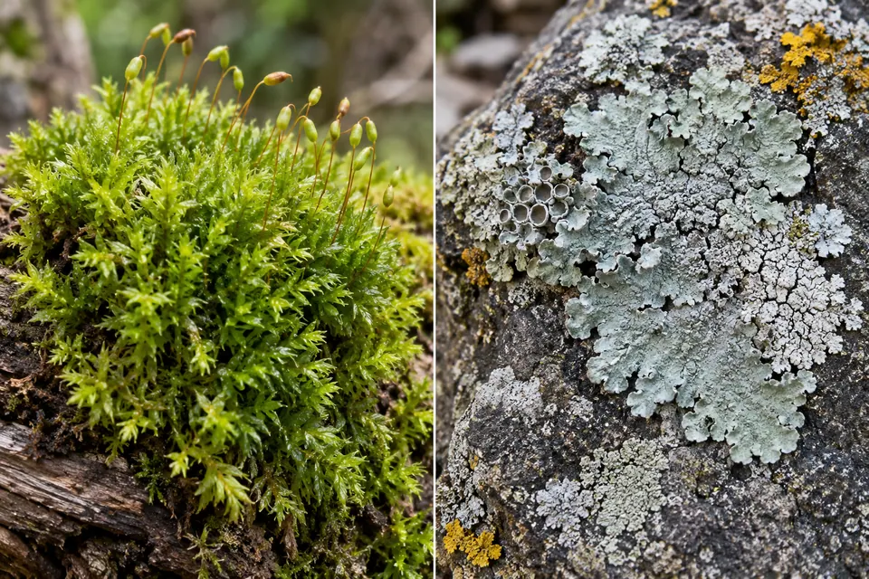 Des tiges vertes de mousse et des capsules sont posées à côté d'un lichen gris fixé à la roche.