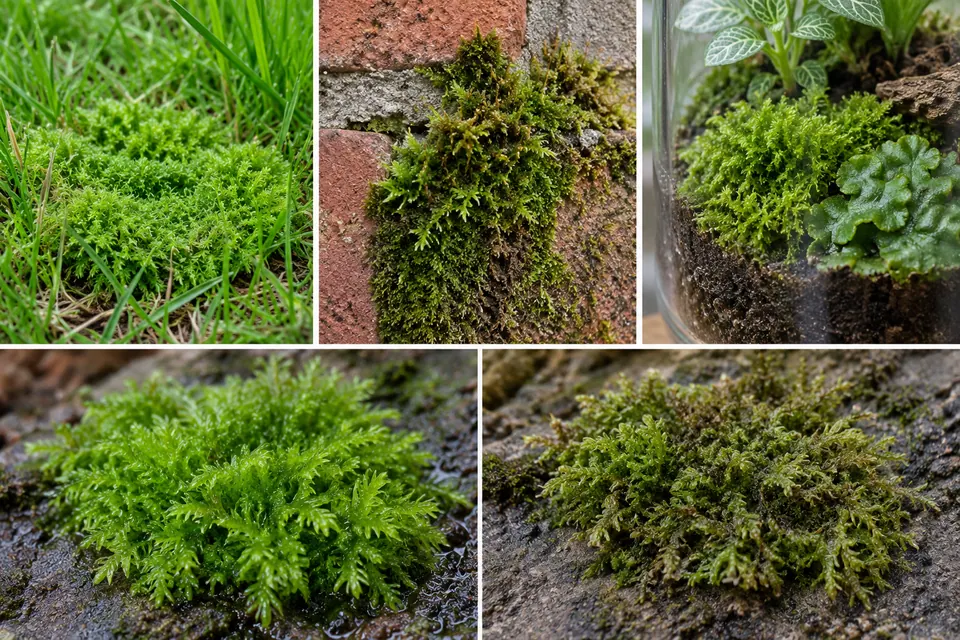 Une mousse photographiée dans une pelouse, sur un mur de brique, dans un terrarium, puis en conditions humides et sèches.