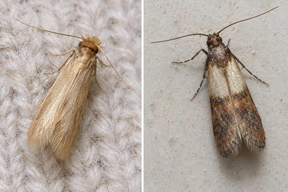 Traça-da-roupa dourada e lisa ao lado de uma mariposa de interior mais escura com asas bicolores