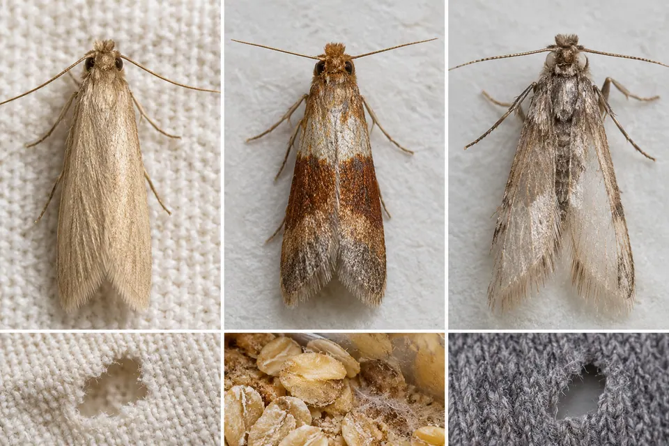 Pequena mariposa dourada, traça da despensa de asas bicolores e mariposa gasta com escamas desbotadas