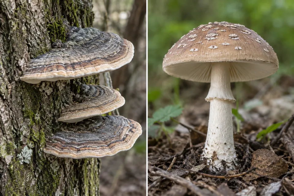 Un champignon en console sur un tronc, à côté d'un champignon à chapeau et pied.