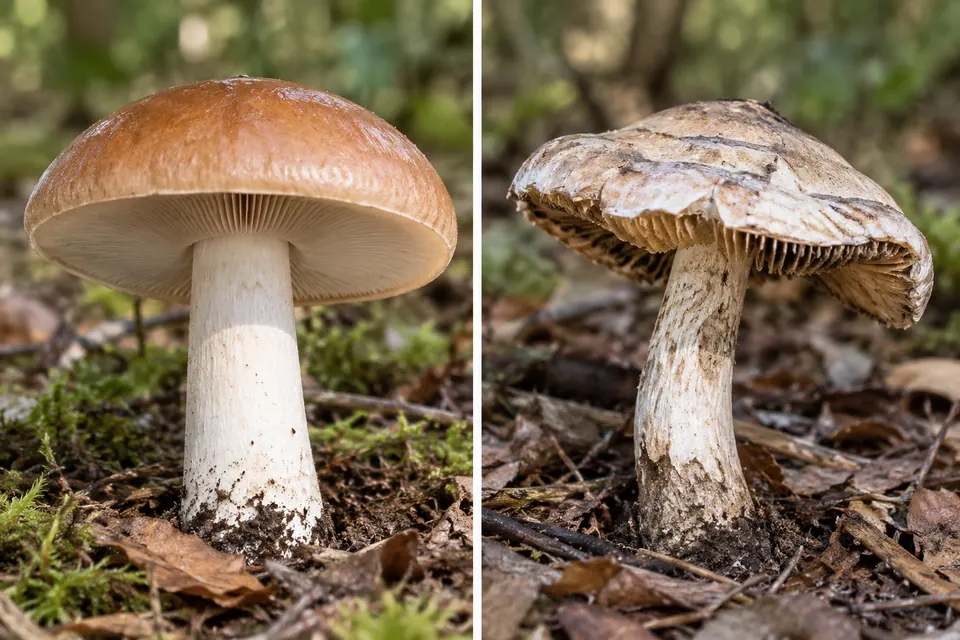 Un champignon frais et lisse à côté d'un champignon patiné au chapeau fendu et recourbé.