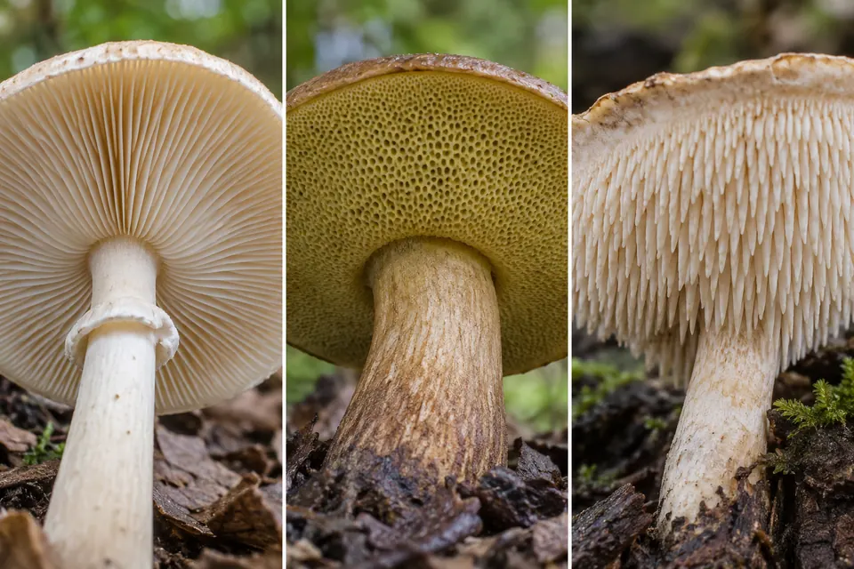 Trois faces inférieures de champignons montrant des lamelles rayonnantes, de petits pores et des dents pendantes.