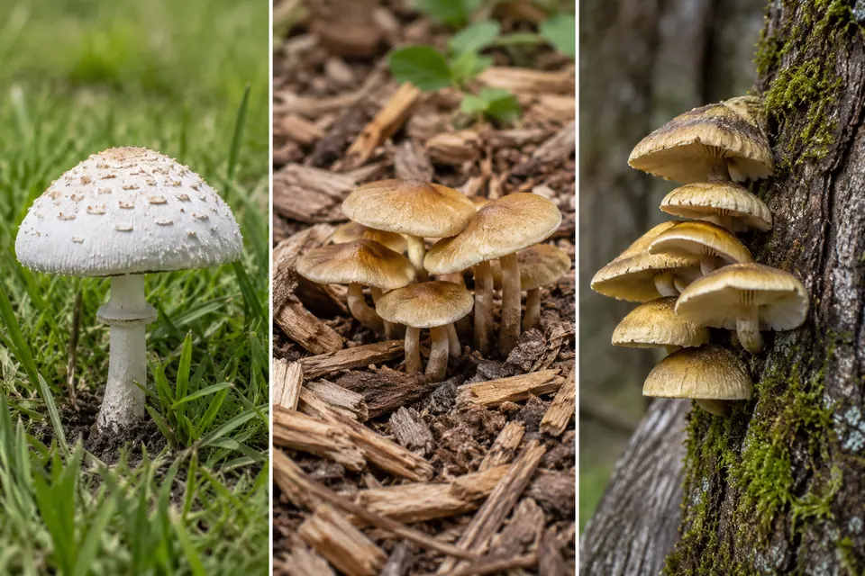 Champignons qui poussent dans des copeaux de bois et sur l'écorce d'un tronc tombé.