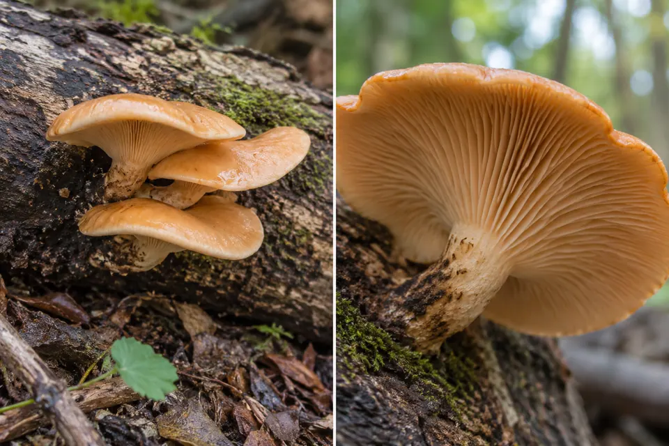 Champignons orangés en console fixés à un tronc tombé, avec leurs lamelles et l'écorce bien visibles.