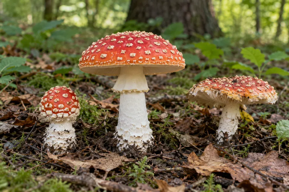 Un champignon frais au chapeau rouge, placé au centre entre un jeune bouton et un vieux chapeau délavé.