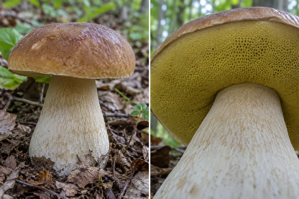 Un bolet entier à côté d'une vue rapprochée de sa face inférieure jaune, couverte de fins pores.