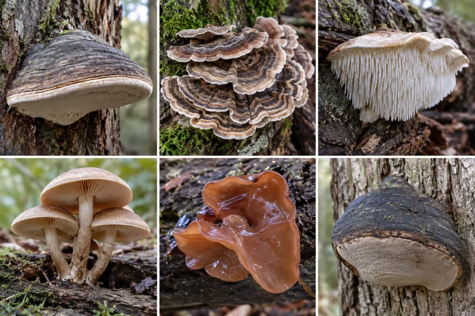 Champignons du bois aux carpophores en console, en éventail, dentés ou gélatineux.