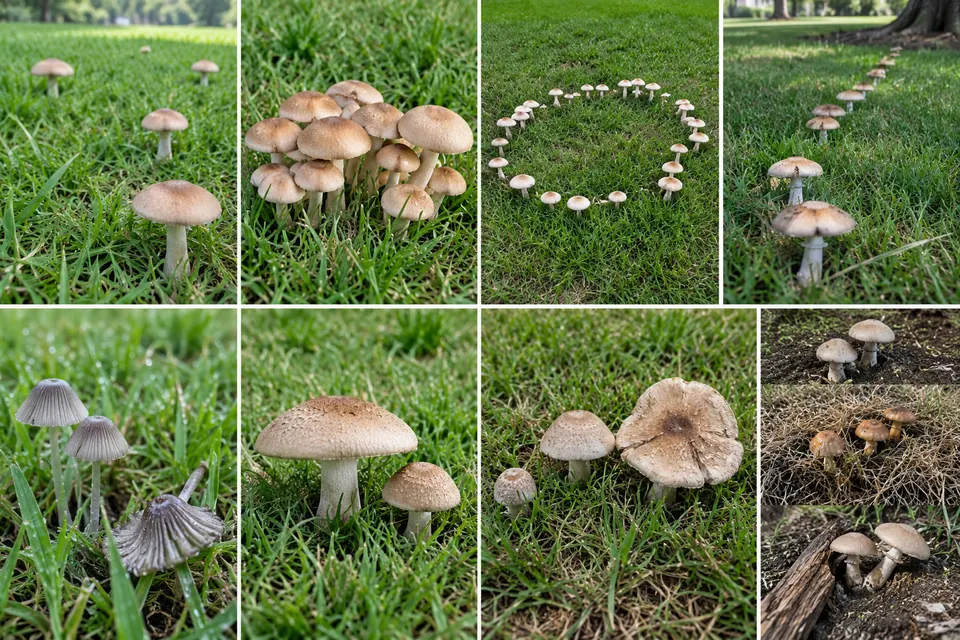 Champignons de pelouse qui poussent isolément, en touffe et en cercle, avec des chapeaux jeunes et âgés.