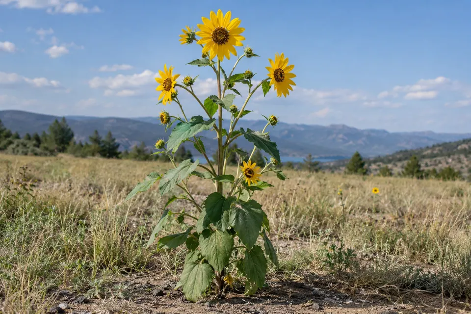 Girasole intero che cresce eretto, con foglie, fusti e fiori ben visibili.