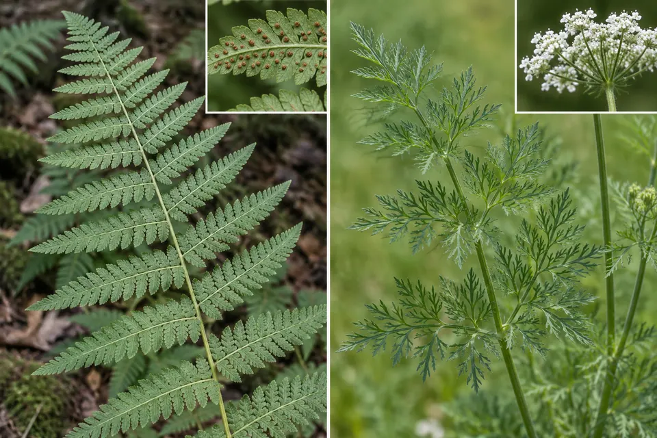 Fronda di felce con sori sulla pagina inferiore accanto al fogliame finemente diviso di una pianta da fiore.