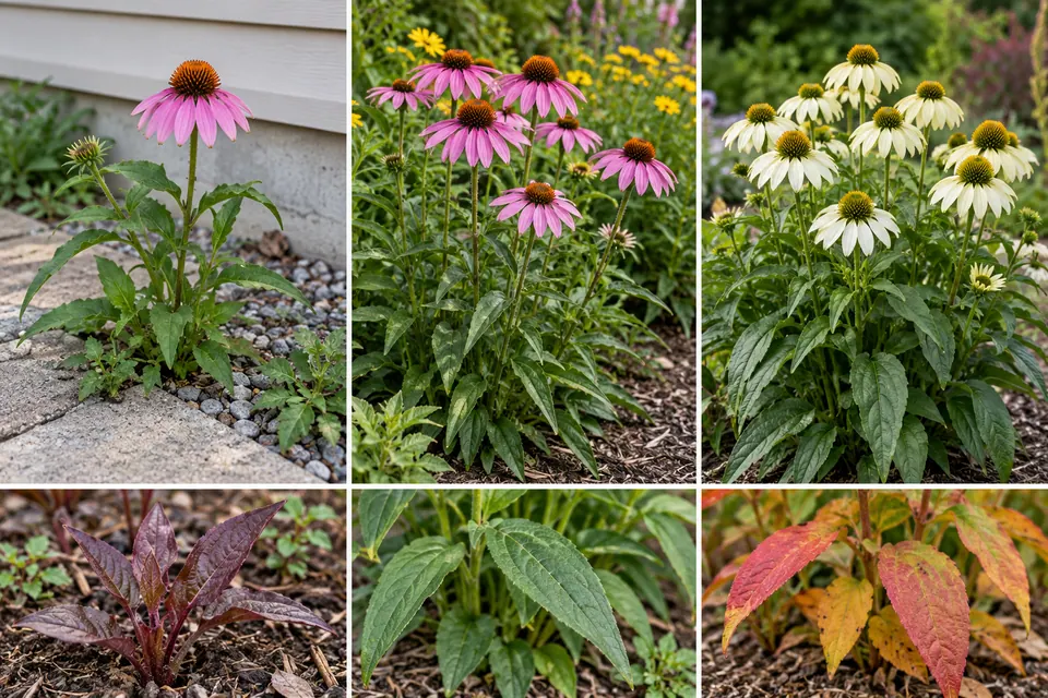 Echinacee tra le pietre del selciato e nelle aiuole, con fiori di colori diversi e fogliame stagionale.