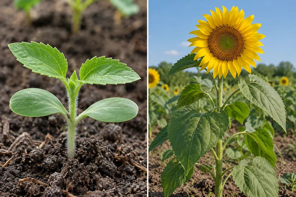 Piantina di girasole con cotiledoni e prime foglie vere accanto a un girasole in fiore.