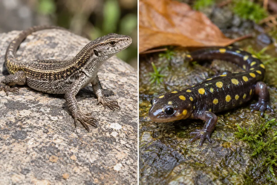 Lagarto escamoso ao lado de uma salamandra manchada de pele lisa