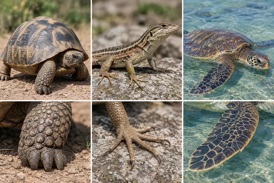 Pés de jabuti, dedos de lagarto e nadadeiras de tartaruga-marinha mostrados em detalhe