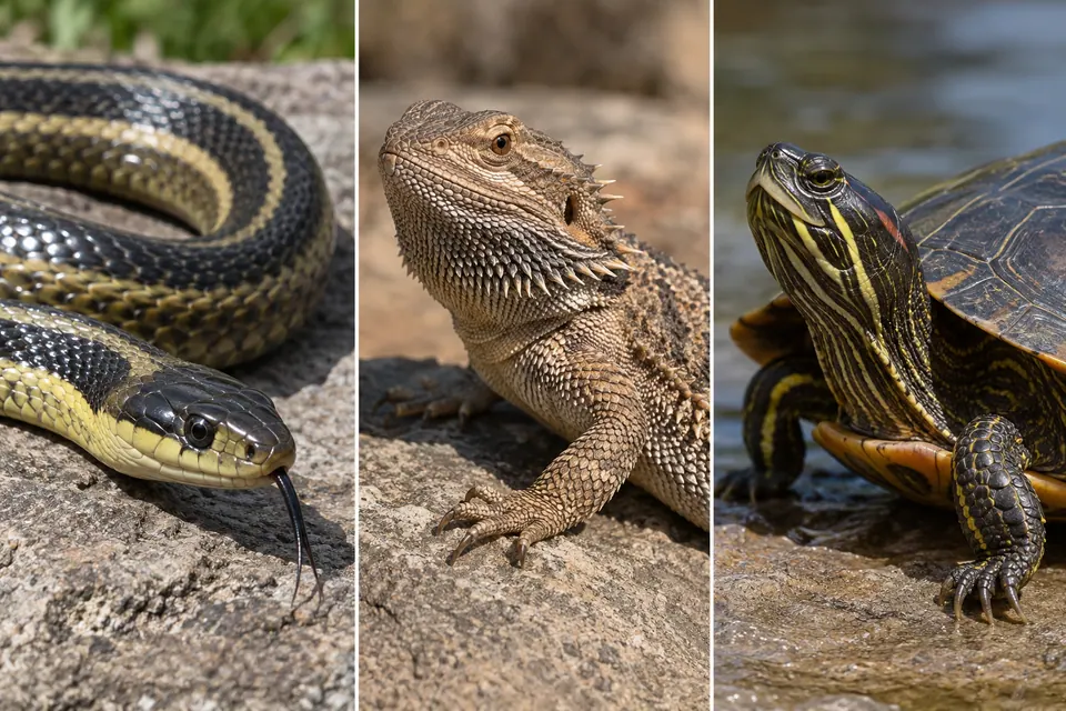 Escamas brilhantes de uma cobra, pele áspera de lagarto e placas da cabeça de uma tartaruga