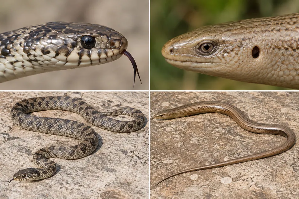 Cobra e lagarto sem patas, com vistas de perto da região dos olhos e dos ouvidos
