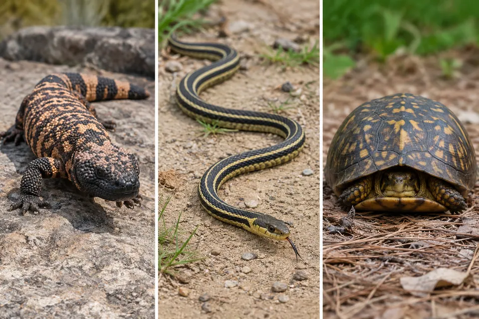 Lagarto, cobra listrada e tartaruga recolhida, com formatos de corpo contrastantes