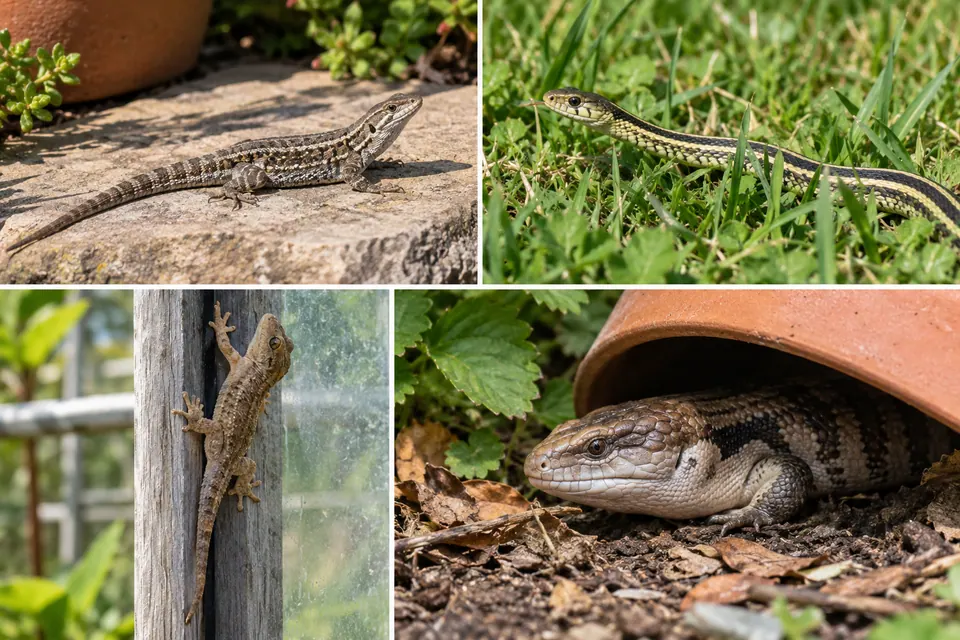 Répteis de jardim tomando sol no calçamento, atravessando a grama e se abrigando perto de um vaso
