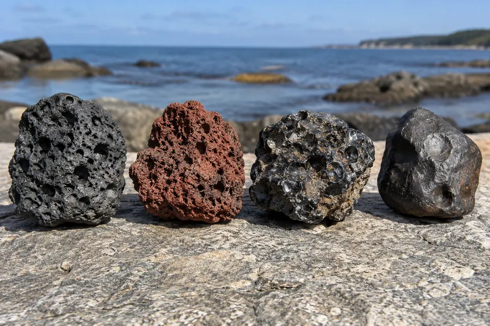 Pezzi neri e porosi, pezzi rossastri e porosi, frammenti vetrosi e pezzi butterati simili al metallo mostrano diversi aspetti dei ritrovamenti insoliti.