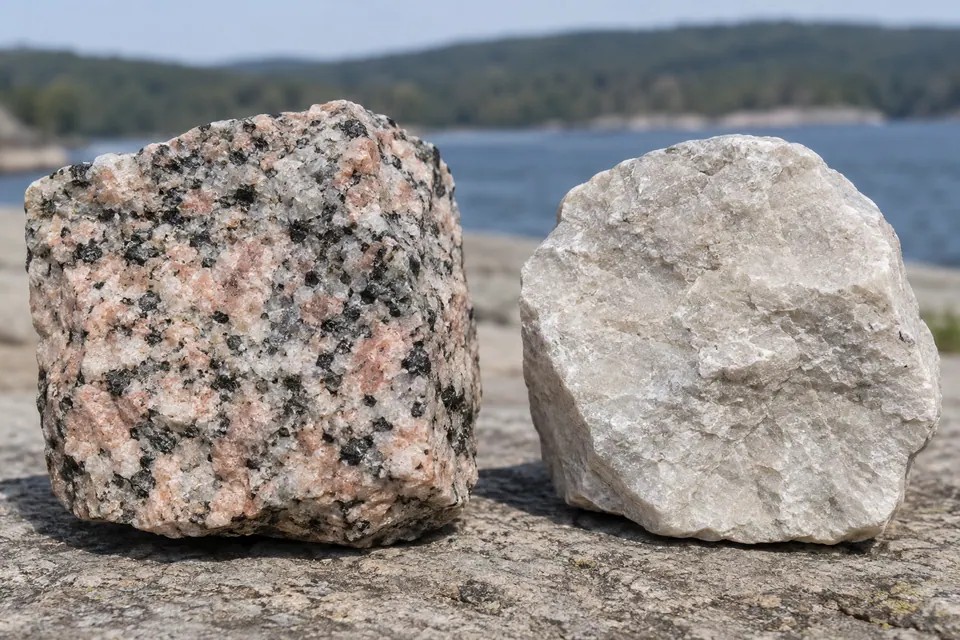 Una roccia a macchie grossolane con cristalli misti è messa a confronto con una roccia chiara, di colore e texture più uniformi.