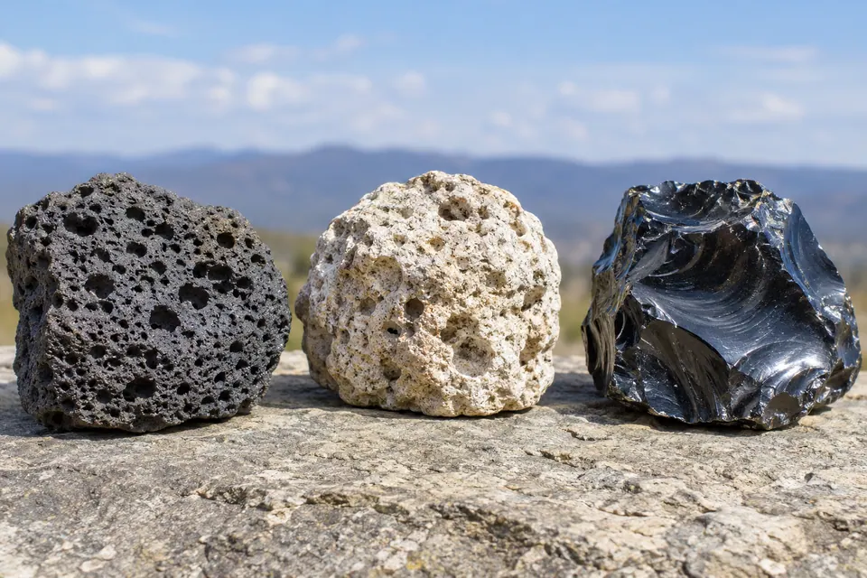 Pietre porose scure e chiare accanto a un frammento nero e vetroso mostrano cavità e superfici di frattura lisce e riflettenti.
