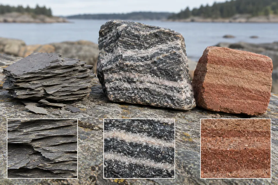 Lamine sottili simili a scisto argilloso, bande di roccia chiare e scure e strati sabbiosi compaiono accanto a dettagli ravvicinati della texture.