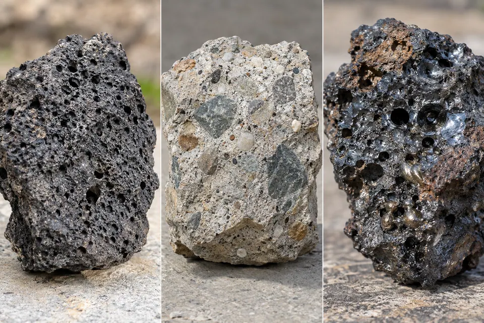 Si confrontano una pietra porosa dall'aspetto vulcanico, un blocco di calcestruzzo con inclusi aggregati e un frammento vetroso simile a scoria industriale.