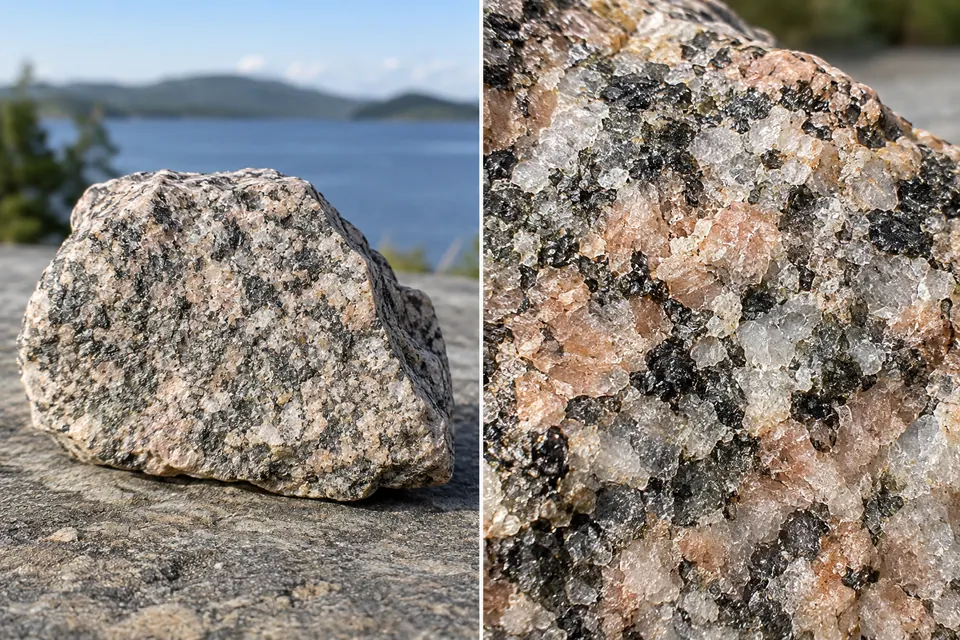 Una roccia intera a macchie è affiancata da un primo piano dei suoi grani rosa, bianchi e neri incastrati tra loro.