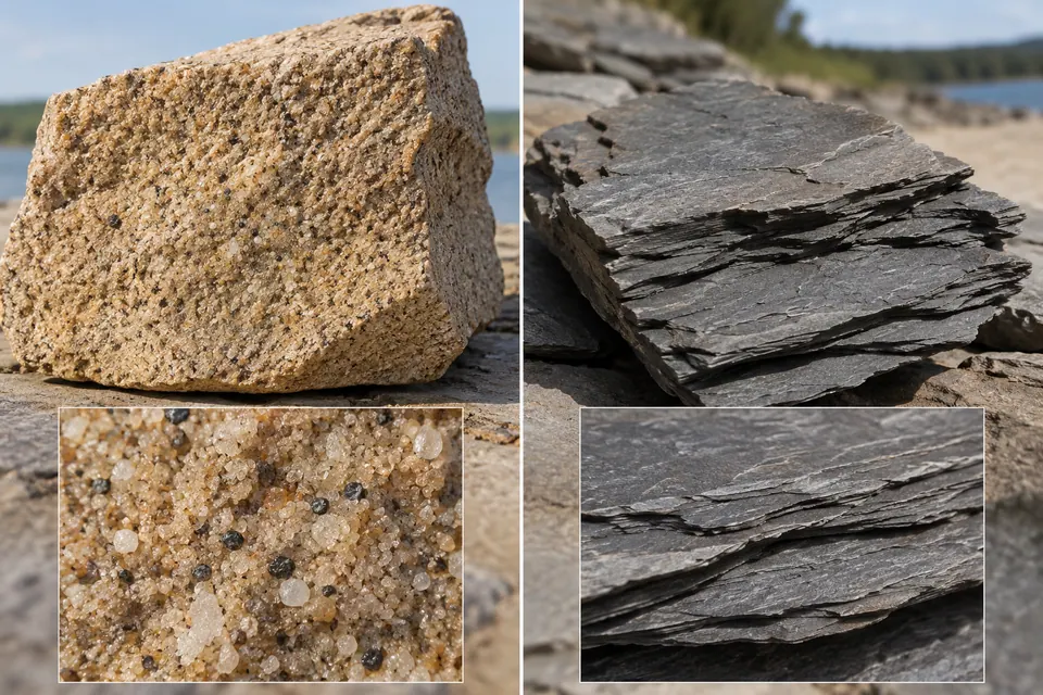 Una roccia sabbiosa con grani visibili è messa a confronto con sottili lamine scure, con dettagli ravvicinati di entrambe le texture.