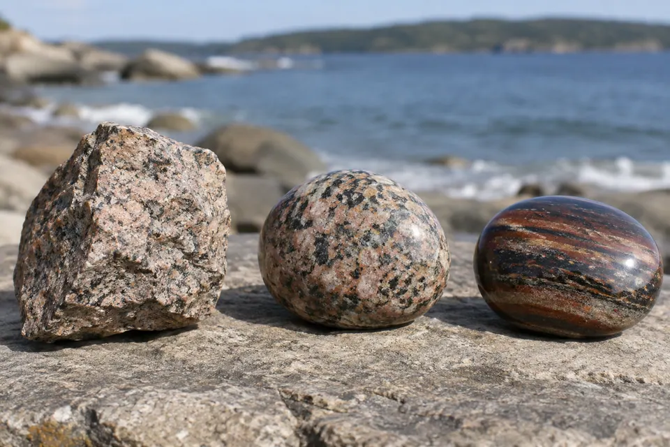 Una roccia ruvida e spigolosa, un ciottolo arrotondato a macchie e una pietra lucidata a bande mostrano come la finitura della superficie cambi gli indizi visibili.
