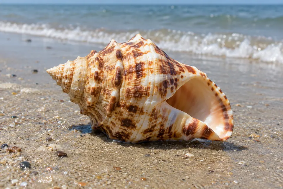 Una conchiglia messa a fuoco nitidamente, con le creste a spirale e l'apertura ben visibili sulla sabbia della spiaggia.
