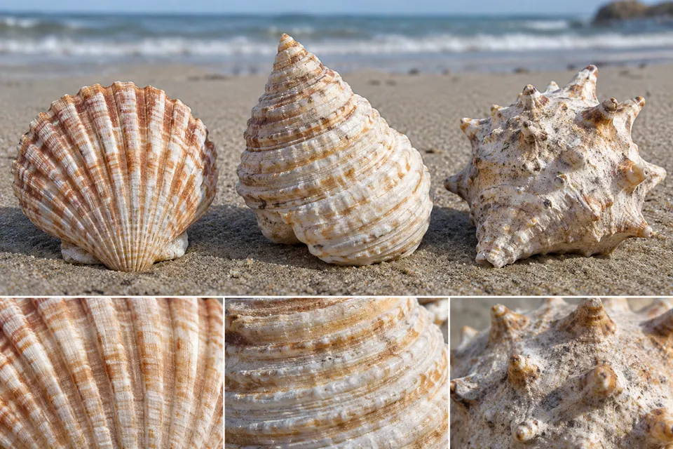 Conchiglie costolate, con solchi a spirale e spinose, affiancate da viste ravvicinate delle loro texture superficiali.