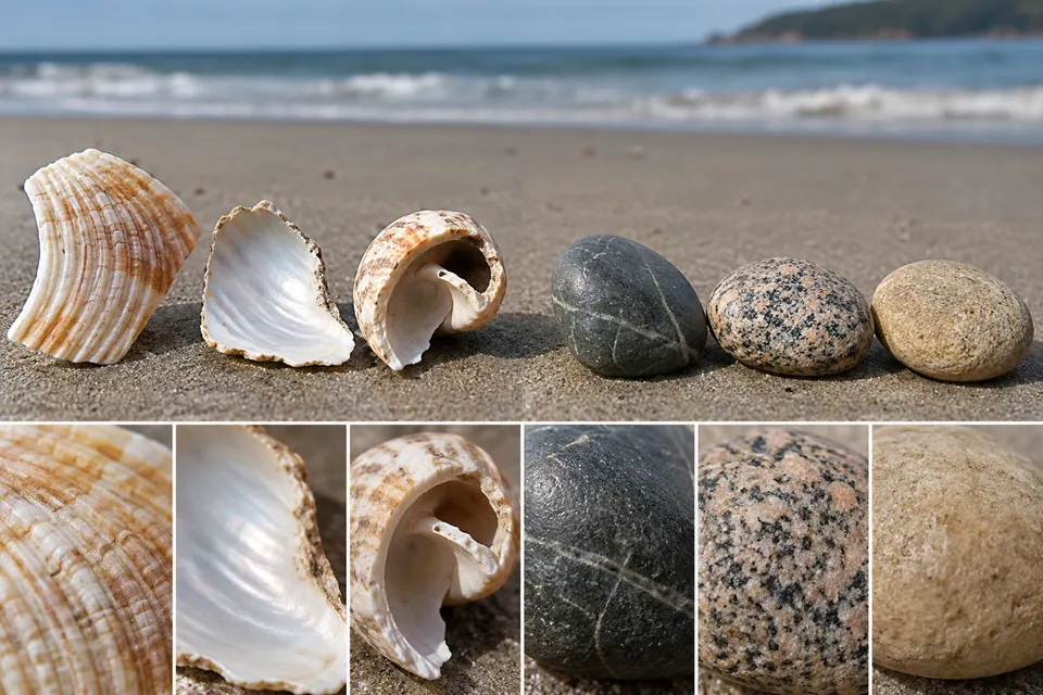 Frammenti di conchiglia curvi e solcati accanto a ciottoli di spiaggia lisci, con le loro texture ingrandite sotto.