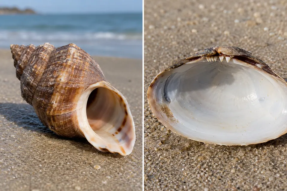 Una conchiglia a spirale fotografata verso l'apertura, accanto a una valva di bivalve che mostra l'interno e la cerniera.