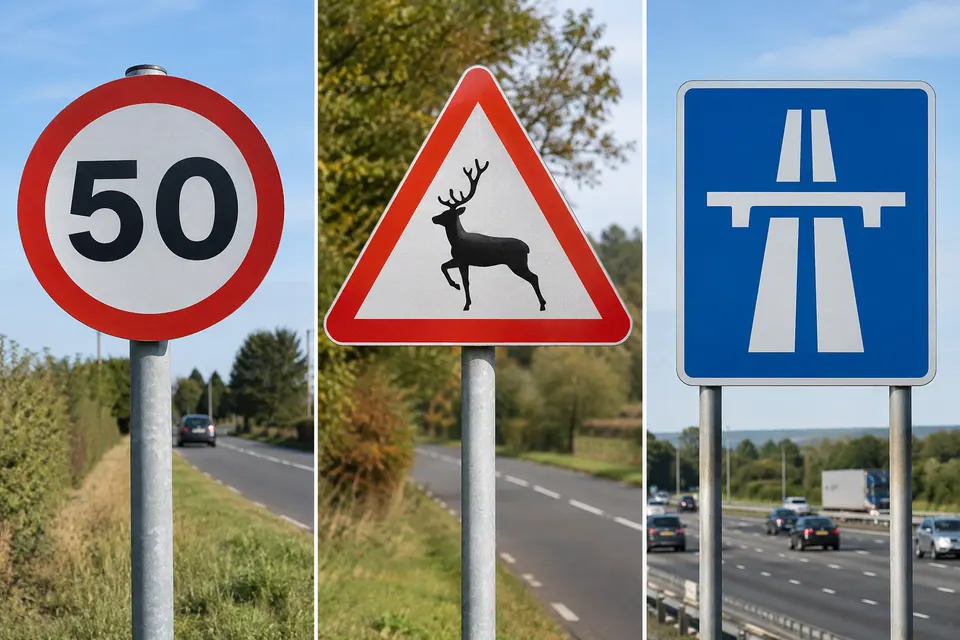 Un segnale circolare con bordo rosso e il numero 50, un triangolo rosso di avvertimento per i cervi e un simbolo rettangolare blu di autostrada mostrano formati di segnale a confronto.