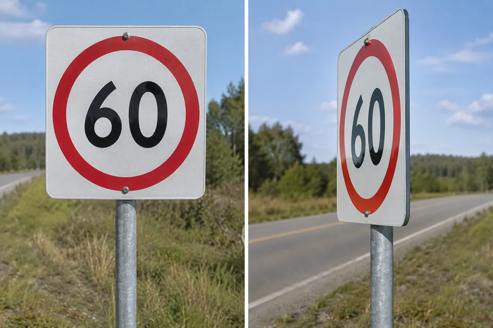 Due viste di un segnale circolare con bordo rosso e il numero 60 mettono a confronto una foto frontale con una vista obliqua che schiaccia cerchio e cifre.