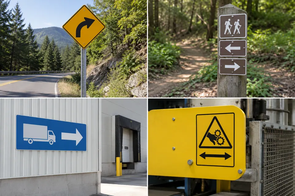 Quattro contesti diversi mostrano un avviso di curva lungo una strada, frecce su un palo da sentiero, un segnale di direzione per camion davanti a un magazzino e un avviso per macchinari con una doppia freccia.