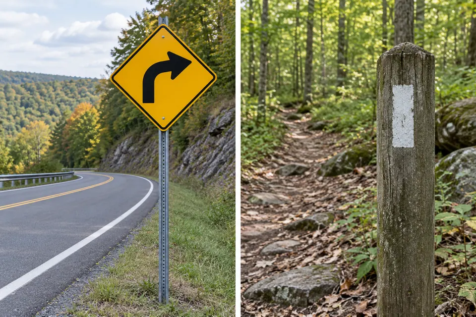 Un segnale stradale a rombo giallo con una freccia nera di curva a destra è accanto a un semplice segnavia rettangolare bianco dipinto su un palo di legno nel bosco.