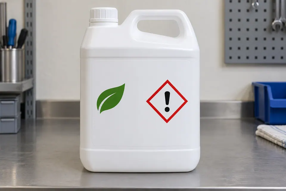 Un contenitore bianco mostra un simbolo verde a forma di foglia senza cornice, separato da un punto esclamativo nero dentro un rombo di sicurezza rosso.