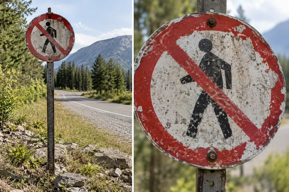 Un segnale di divieto di transito pedonale consumato dal tempo accanto a una strada e un primo piano dello stesso disegno mostrano un bordo rosso scheggiato, una barra diagonale e la figura del pedone ancora visibile.