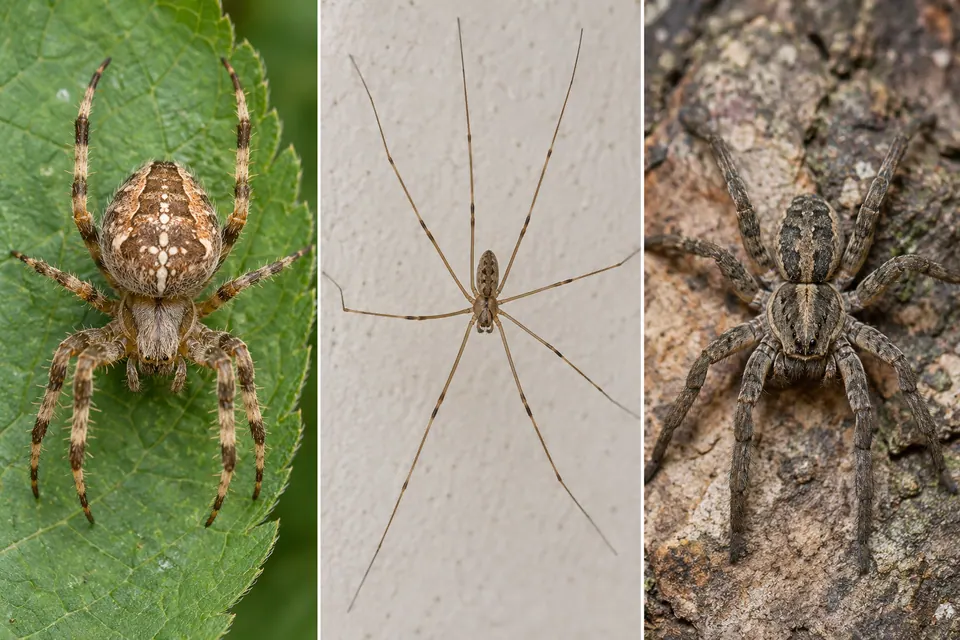 Un ragno tessitore di ragnatele a ruota e un ragno di cantina, con corpi divisi in due parti e zampe di proporzioni molto diverse.