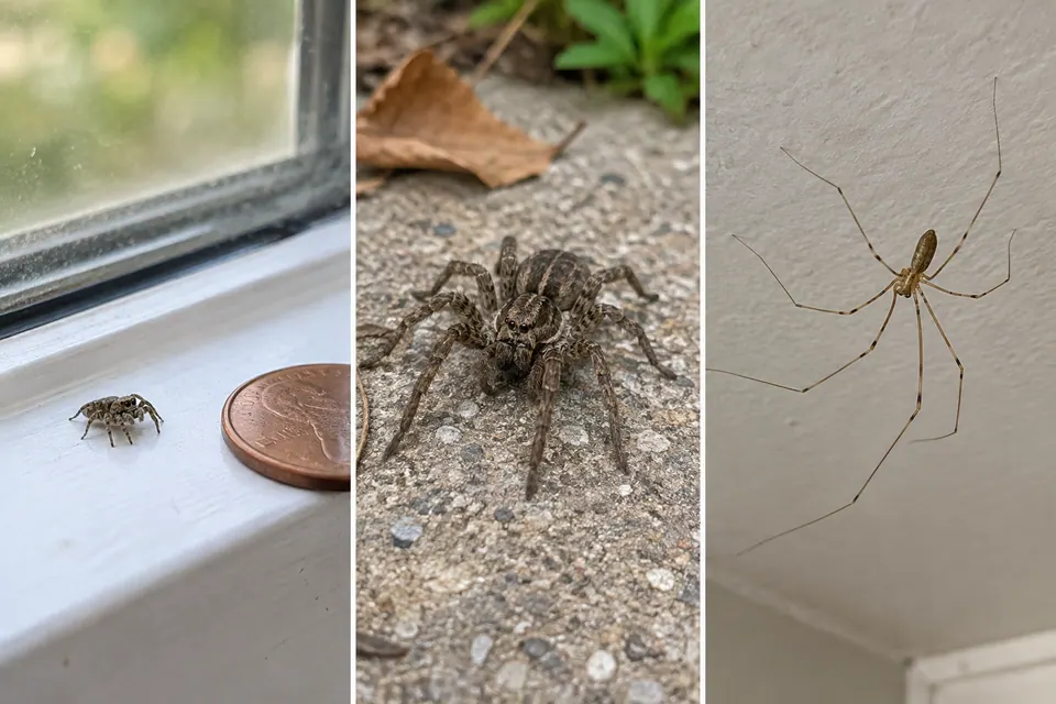 Un ragno minuscolo sul davanzale accanto a una moneta, un ragno da terra e un ragno a zampe lunghe sul muro.