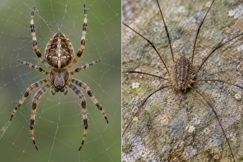Un ragno dalla vita stretta accanto a un opilione con un corpo compatto e zampe lunghe.
