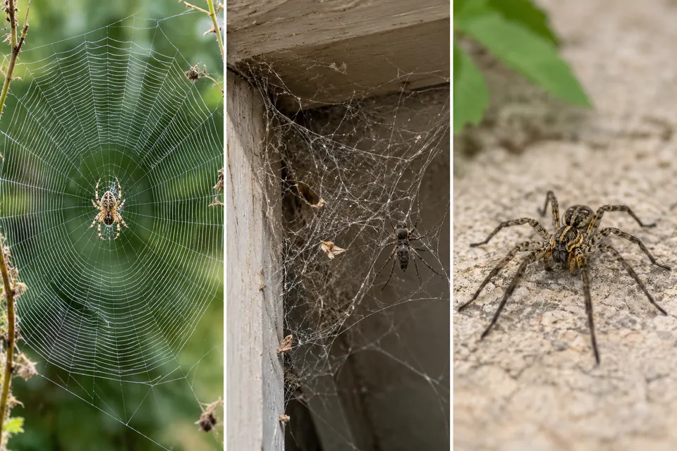 Una ragnatela circolare a ruota, una ragnatela irregolare in un angolo e un ragno cacciatore seduto senza tela.