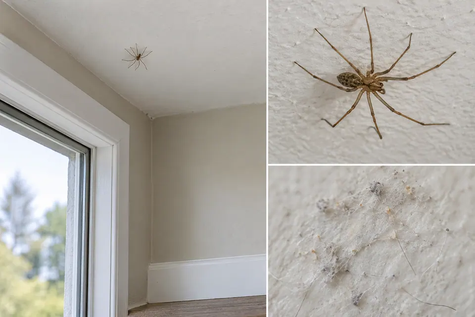 Un ragno d'interno vicino al soffitto e a una finestra, con una vista ravvicinata del corpo sulla parete.