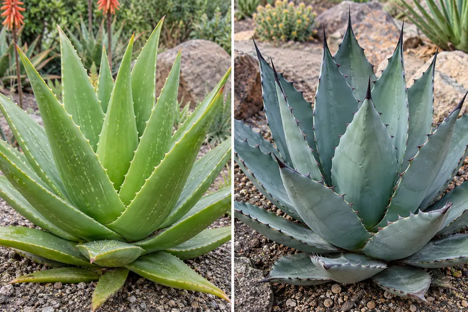 Feuilles charnues et tachetées d’aloès comparées à des feuilles d’agave plus fermes, terminées par des pointes sombres.