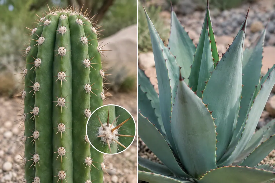 Cactus côtelé portant des aréoles épineuses, à côté d’un agave aux feuilles dentées.